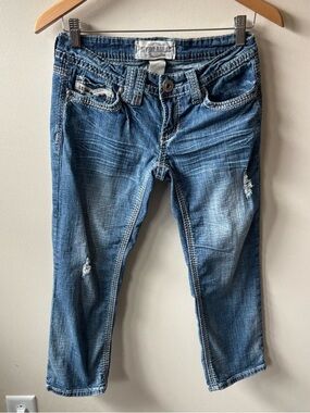Hydraulic Distressed Blue Denim Capri Jeans